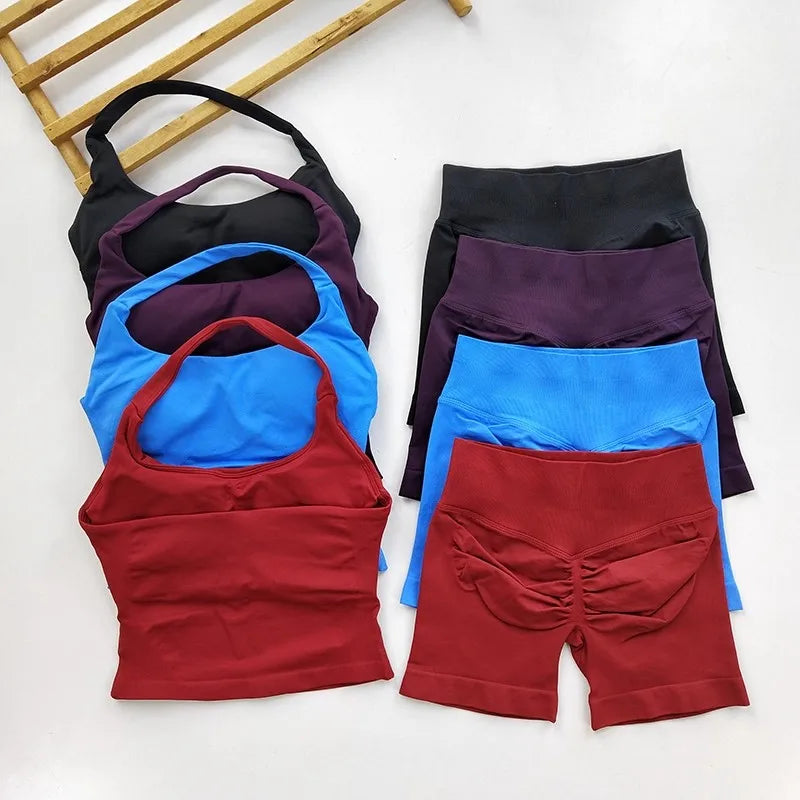 Yoga 2 Pieces Gym Set  Backless Halter Tops High Waist Seamless Shorts