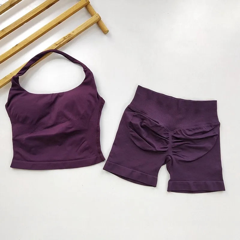 Yoga 2 Pieces Gym Set  Backless Halter Tops High Waist Seamless Shorts