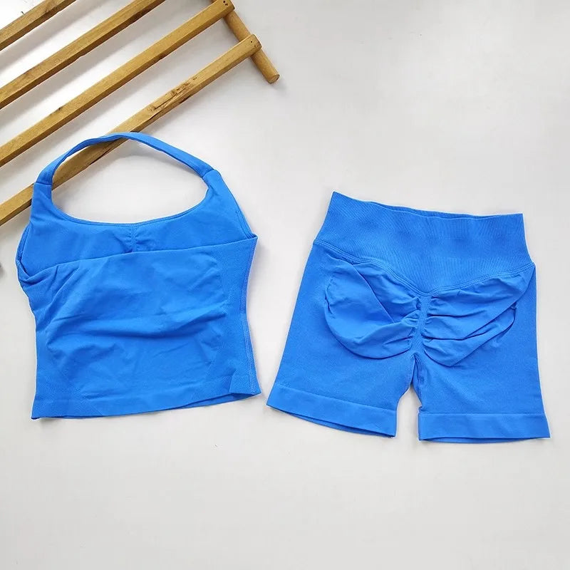 Yoga 2 Pieces Gym Set  Backless Halter Tops High Waist Seamless Shorts